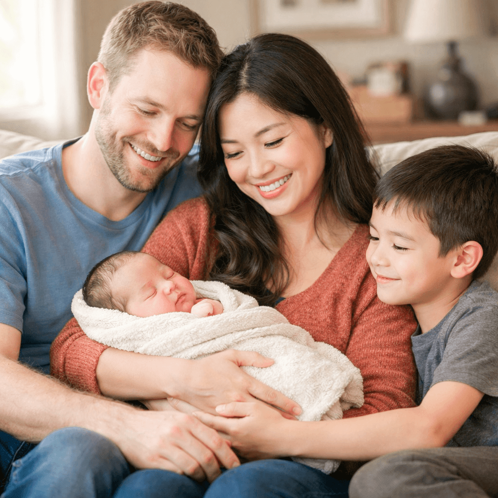 Asian doula providing professional postpartum care and newborn support